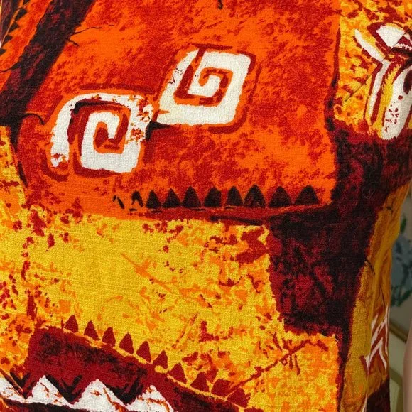 70s Vintage Kini Pela Hawaii Brown Orange Yellow Barkcloth Short Sleeve MuuMuu S - Picture 4 of 7